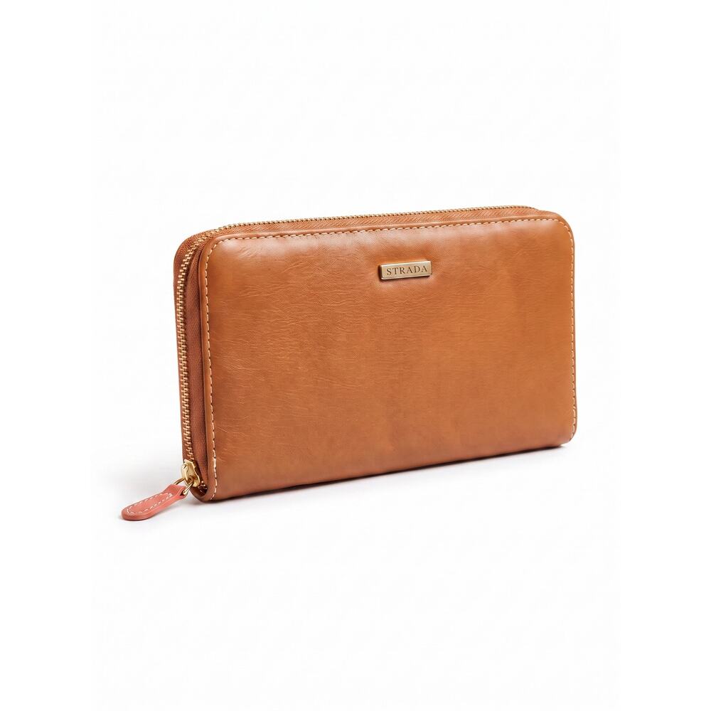 Strada Continental Cognac Leather Brown Zip Around Wallet Clutch Organizer
